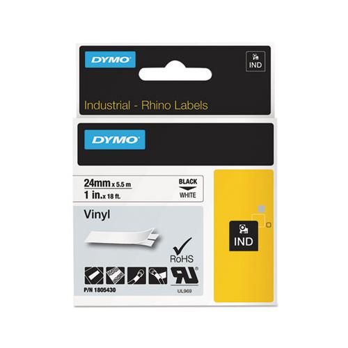 Rhino Permanent Vinyl Industrial Label Tape, 1" X 18 Ft, White-black Print