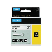 Rhino Permanent Vinyl Industrial Label Tape, 0.5" X 18 Ft, White-black Print