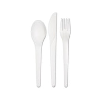 Plantware Compostable Cutlery Kit, Knife-fork-spoon-napkin, 6", Pearl White, 250 Kits-carton