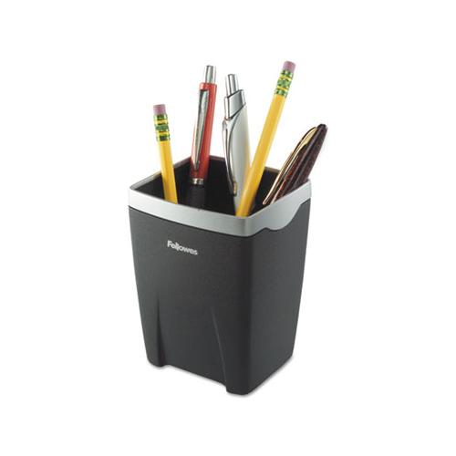 Office Suites Divided Pencil Cup, Plastic, 3 1-16 X 3 1-16 X 4 1-4, Black-silver