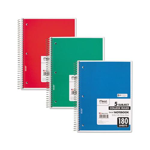 Spiral Notebook, 5 Subjects, Medium-college Rule, Assorted Color Covers, 10.5 X 8, 180 Sheets