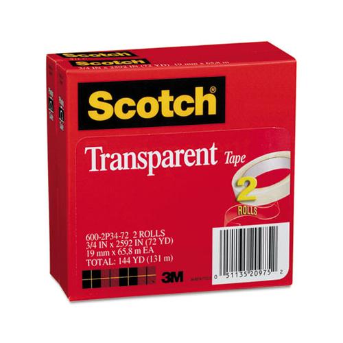 Transparent Tape, 3" Core, 0.75" X 72 Yds, Transparent, 2-pack