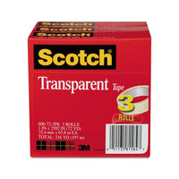 Transparent Tape, 3" Core, 1" X 72 Yds, Transparent, 3-pack