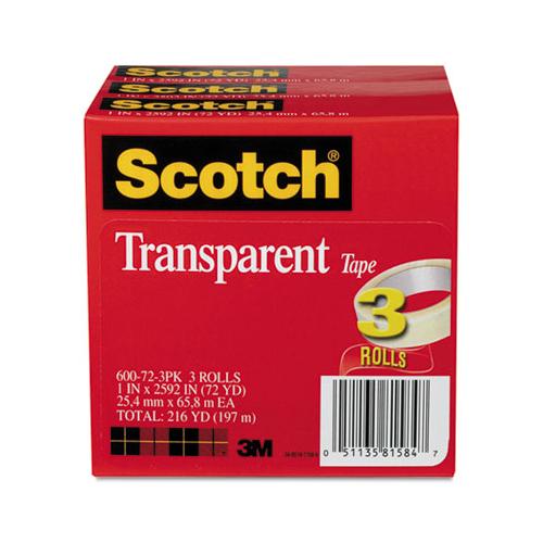 Transparent Tape, 3" Core, 1" X 72 Yds, Transparent, 3-pack