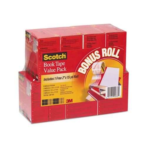 Book Tape Value Pack, 3" Core, (2) 1.5" X 15 Yds, (4) 2" X 15 Yds, (2) 3" X 15 Yds, Clear, 8-pack