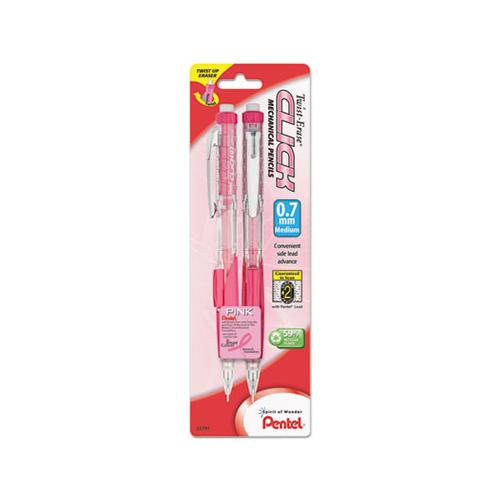 Twist-erase Click Mechanical Pencil, 0.7 Mm, Hb (#2.5), Black Lead, Pink Barrel, 2-pack