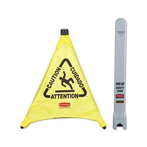 Multilingual "caution" Pop-up Safety Cone, 3-sided, Fabric, 21 X 21 X 20, Yellow