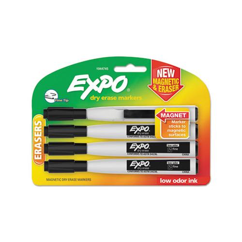 Magnetic Dry Erase Marker, Fine Bullet Tip, Black, 4-pack