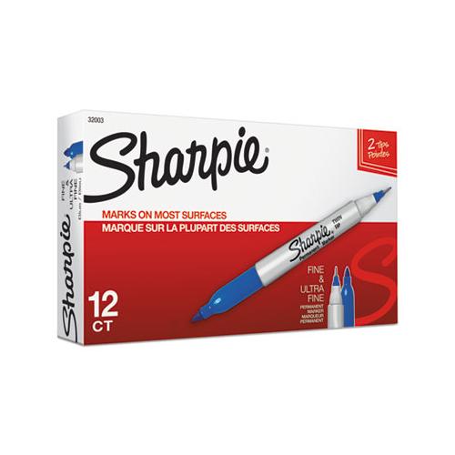 Twin-tip Permanent Marker, Fine-extra-fine Bullet Tip, Blue, Dozen