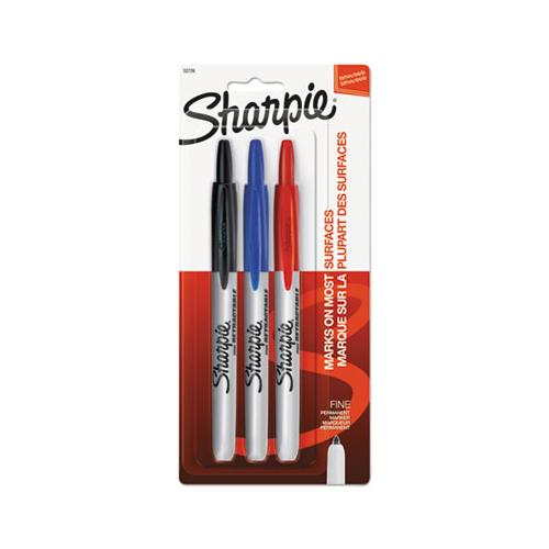 Retractable Permanent Marker, Fine Bullet Tip, Assorted Colors, 3-set