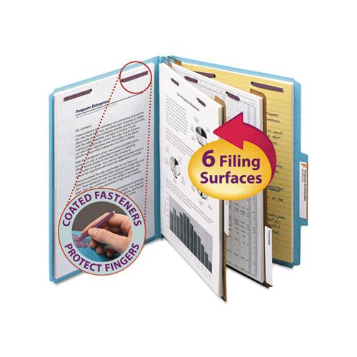 Six-section Pressboard Top Tab Classification Folders With Safeshield Fasteners, 2 Dividers, Letter Size, Blue, 10-box