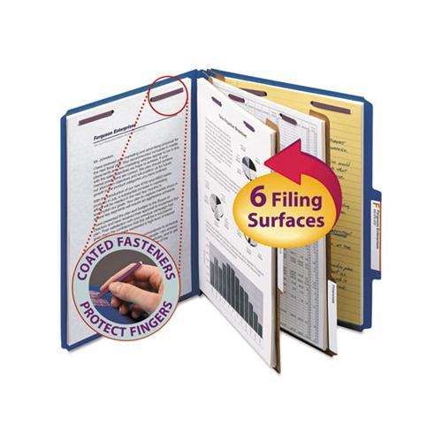 Six-section Pressboard Top Tab Classification Folders With Safeshield Fasteners, 2 Dividers, Letter Size, Dark Blue, 10-box