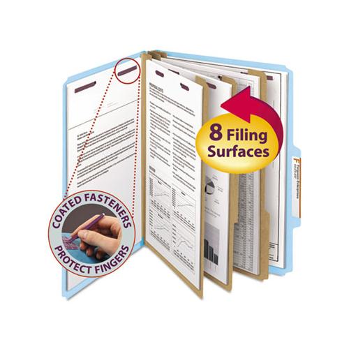 Eight-section Pressboard Top Tab Classification Folders With Safeshield Fasteners, 3 Dividers, Letter Size, Blue, 10-box