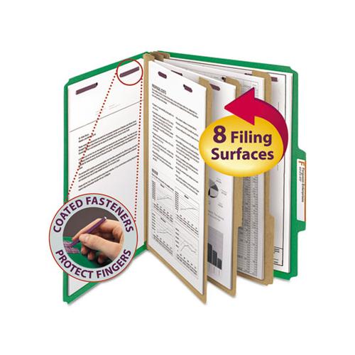 Eight-section Pressboard Top Tab Classification Folders With Safeshield Fasteners, 3 Dividers, Letter Size, Green, 10-box