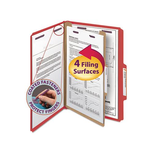 Four-section Pressboard Top Tab Classification Folders With Safeshield Fasteners, 1 Divider, Legal Size, Bright Red, 10-box