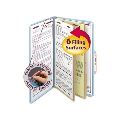 Six-section Pressboard Top Tab Classification Folders With Safeshield Fasteners, 2 Dividers, Legal Size, Blue, 10-box