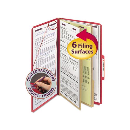 Six-section Pressboard Top Tab Classification Folders With Safeshield Fasteners, 2 Dividers, Legal Size, Bright Red, 10-box