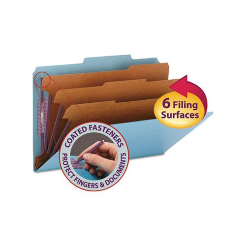 Eight-section Pressboard Top Tab Classification Folders With Safeshield Fasteners, 3 Dividers, Legal Size, Blue, 10-box
