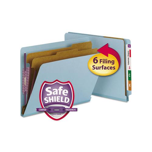 End Tab Colored Pressboard Classification Folders With Safeshield Coated Fasteners, 2 Dividers, Letter Size, Blue, 10-box
