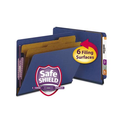 End Tab Pressboard Classification Folders With Safeshield Fasteners, 2 Dividers, Letter Size, Dark Blue, 10-box