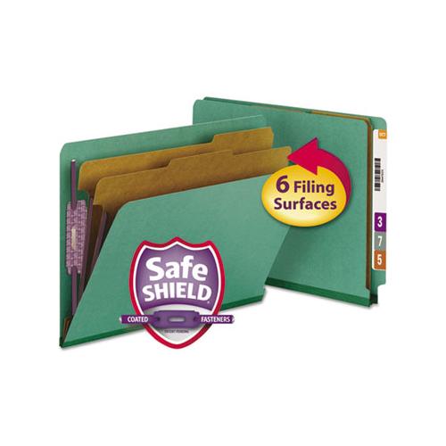 End Tab Colored Pressboard Classification Folders With Safeshield Coated Fasteners, 2 Dividers, Letter Size, Green, 10-box