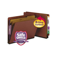 End Tab Pressboard Classification Folders With Safeshield Coated Fasteners, 2 Dividers, Letter Size, Red, 10-box