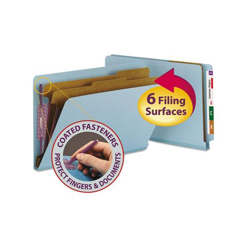 End Tab Colored Pressboard Classification Folders With Safeshield Coated Fasteners, 2 Dividers, Legal Size, Blue, 10-box