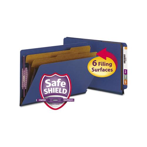 End Tab Colored Pressboard Classification Folders With Safeshield Coated Fasteners, 2 Dividers, Legal Size, Dark Blue, 10-box