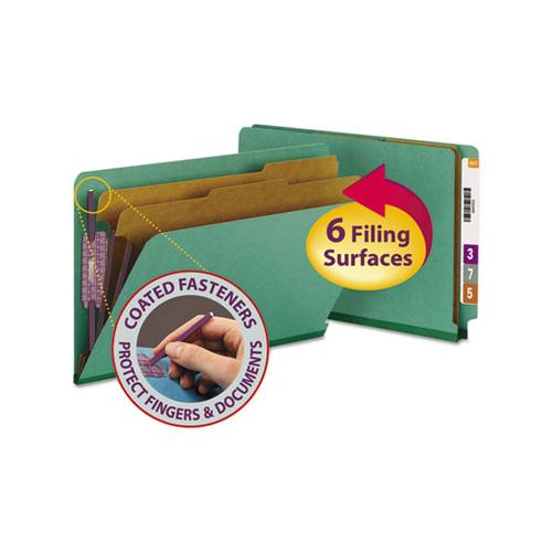 End Tab Colored Pressboard Classification Folders With Safeshield Coated Fasteners, 2 Dividers, Legal Size, Green, 10-box