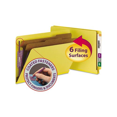 End Tab Colored Pressboard Classification Folders With Safeshield Coated Fasteners, 2 Dividers, Legal Size, Yellow, 10-box