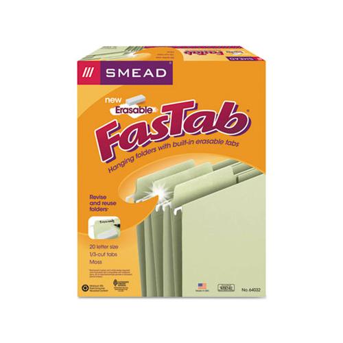 Erasable Fastab Hanging Folders, Letter Size, 1-3-cut Tab, Moss, 20-box