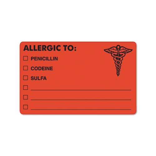 Allergy Warning Labels, Allergic To: Penicilln, Codeine, Sulfa, 2.5 X 4, Fluorescent Red, 100-roll