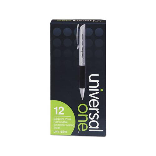 Comfort Grip Retractable Ballpoint Pen, 1mm, Black Ink, Silver Barrel, Dozen