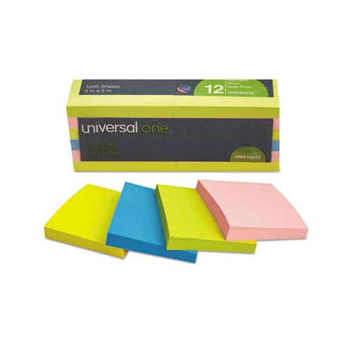 Self-stick Note Pads, 3 X 3, Assorted Neon Colors, 100-sheet, 12-pack