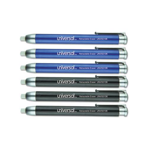 Pen-style Retractable Eraser, White Thermo-plastic Rubber Eraser, Assorted Barrel Colors, 6-pack