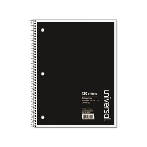 Wirebound Notebook, 3 Subjects, Medium-college Rule, Black Cover, 11 X 8.5, 120 Sheets