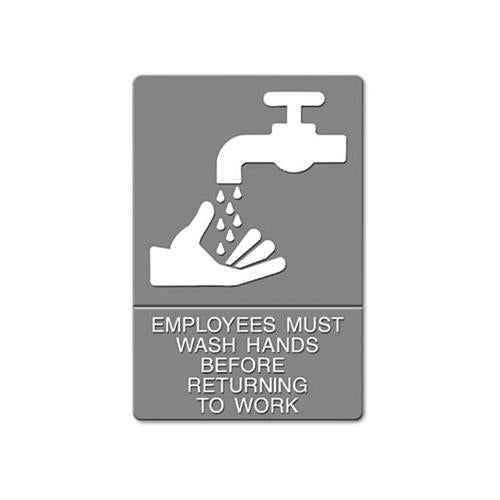 Ada Sign, Employees Must Wash Hands... Tactile Symbol-braille, 6 X 9, Gray