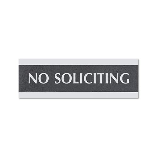 Century Series Office Sign, No Soliciting, 9 X 3, Black-silver
