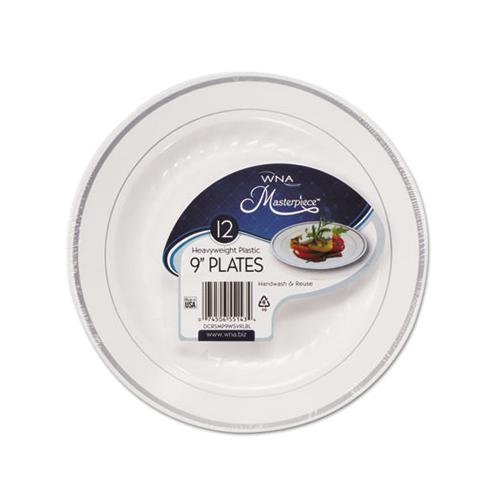 Masterpiece Plastic Dinnerware, White-silver, 9", 10-pack