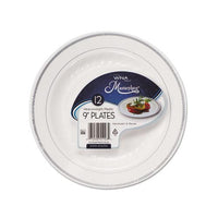 Masterpiece Plastic Plates, 9 In, White W-silver Accents, Round, 120-carton