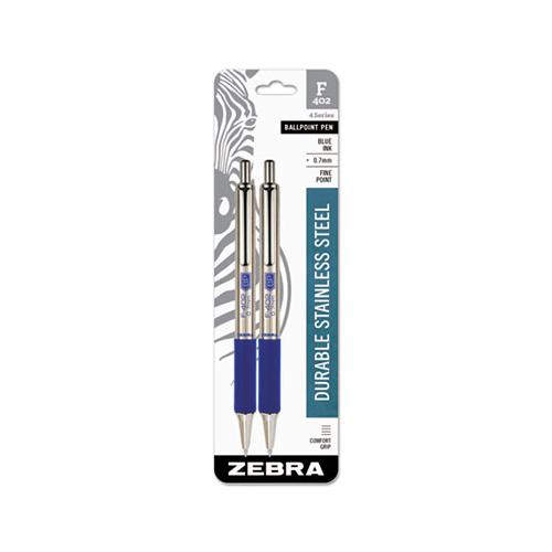 F-402 Retractable Ballpoint Pen, 0.7mm, Blue Ink, Stainless Steel-blue Barrel, 2-pack